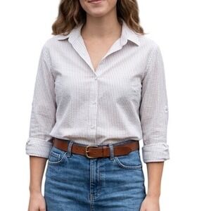 Tan White Striped Seersucker Button Down Shirt Long Sleeve Roll Tab Women Medium